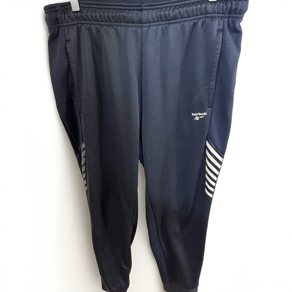 Reebok Men's Track Pants Joggers Navy Blue White Stripe Size L Used